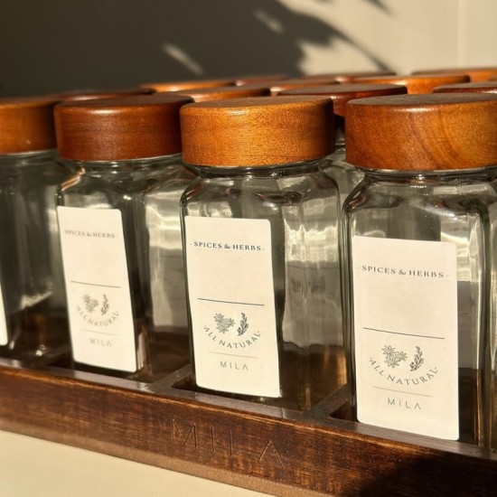 Wooden & Glass Jar Spices Set 16 pieces with Wooden Stand